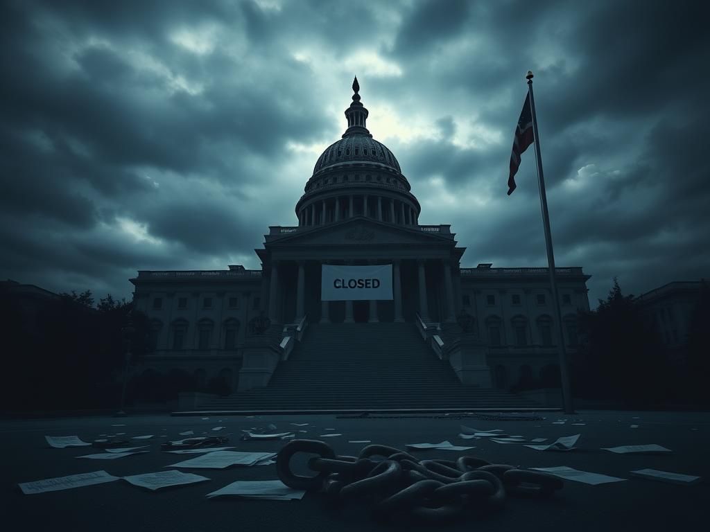 Flick International A stark and empty U.S. Capitol building under a cloudy sky with a 'Closed' sign, symbolizing the government shutdown.