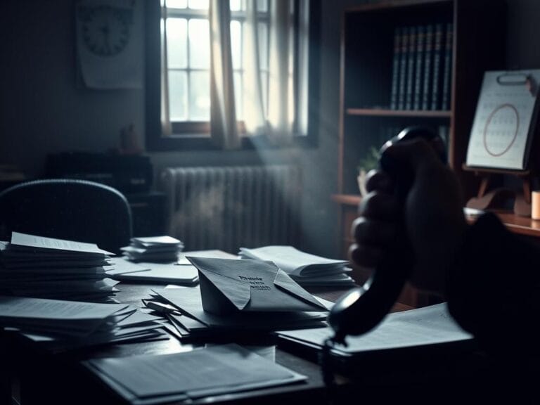 Flick International A dimly lit law office with opened probate documents and a shadowy hand over a phone