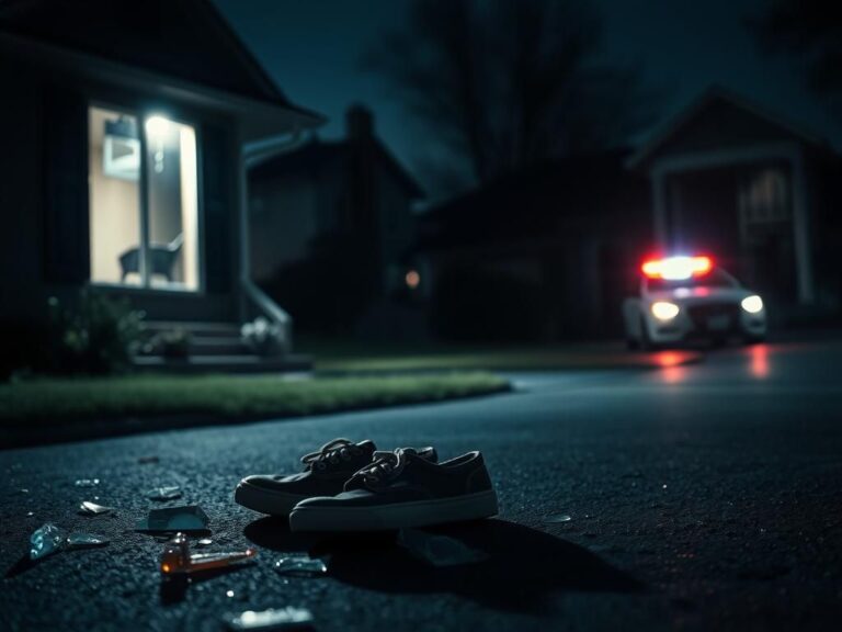 Flick International Darkened suburban home at night with broken window and empty shoes symbolizing loss