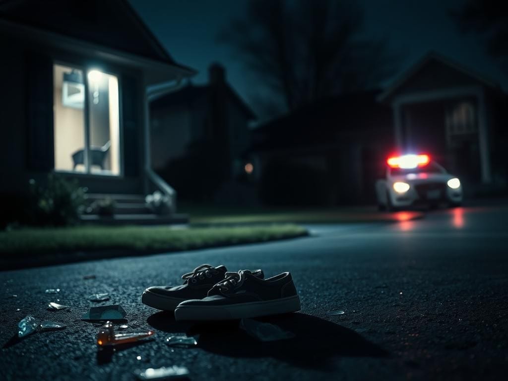 Flick International Darkened suburban home at night with broken window and empty shoes symbolizing loss
