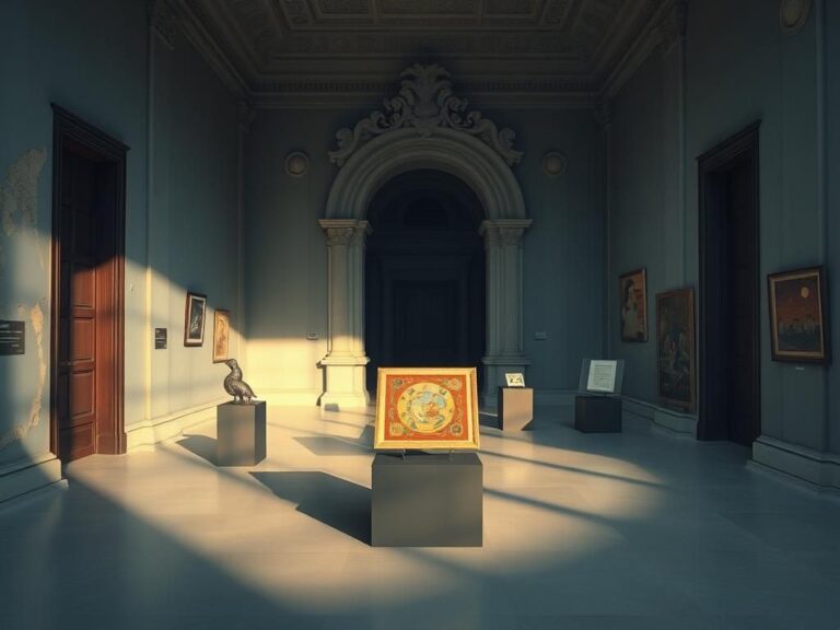 Flick International Art gallery showcasing forged Salvador Dalí pieces amidst crumbling plaster walls