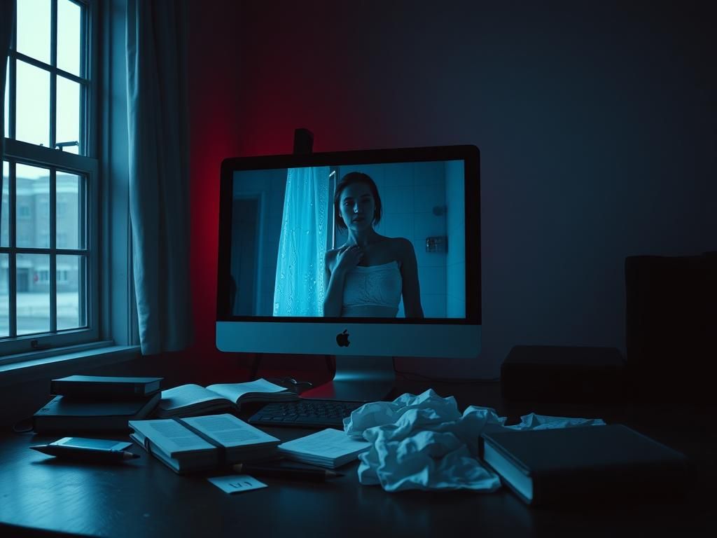 Flick International Computer screen displaying a blurred video chat interface with a digital silhouette of a woman in the shower