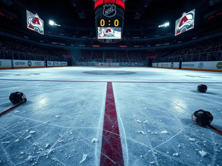 Flick International Ice rink showing deep scratch marks and ice shavings from a recent NHL fight between Colorado Avalanche and Los Angeles Kings players.