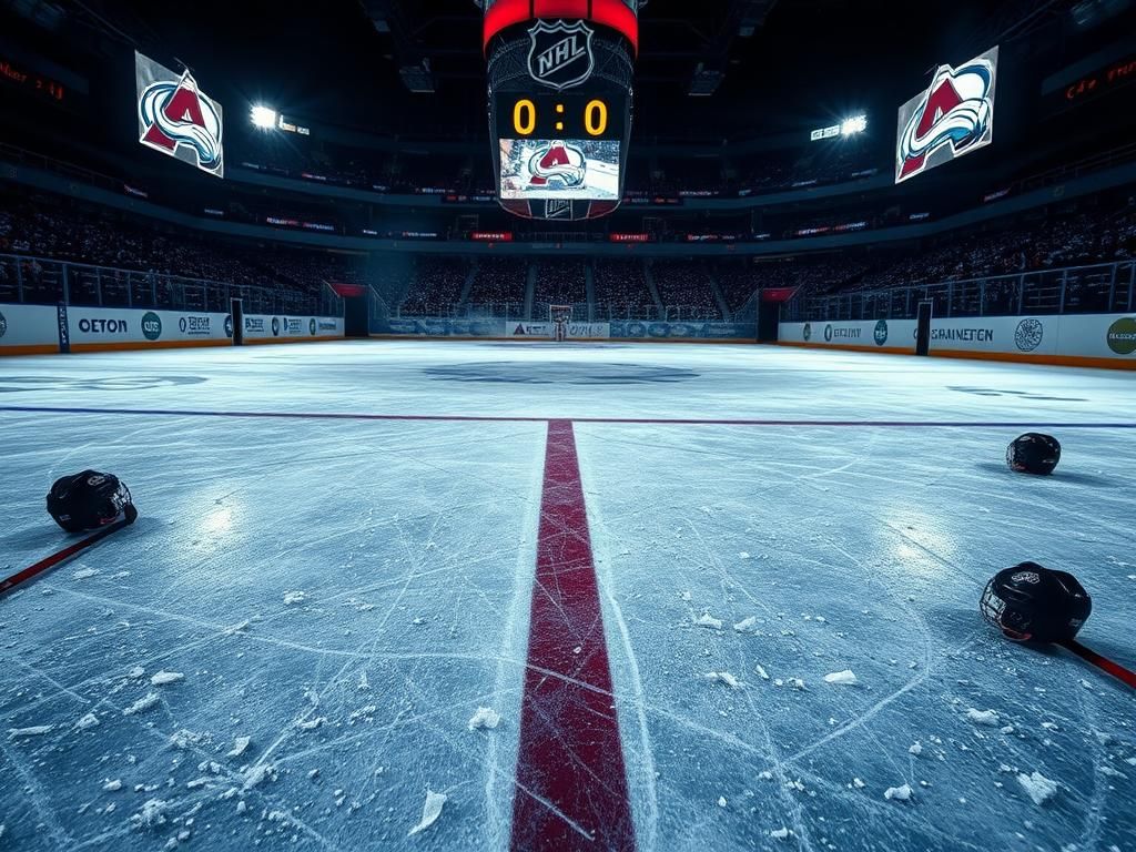 Flick International Ice rink showing deep scratch marks and ice shavings from a recent NHL fight between Colorado Avalanche and Los Angeles Kings players.