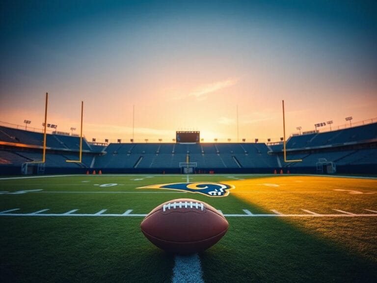 Flick International Aerial view of a professional football field at dawn with Los Angeles Rams colors