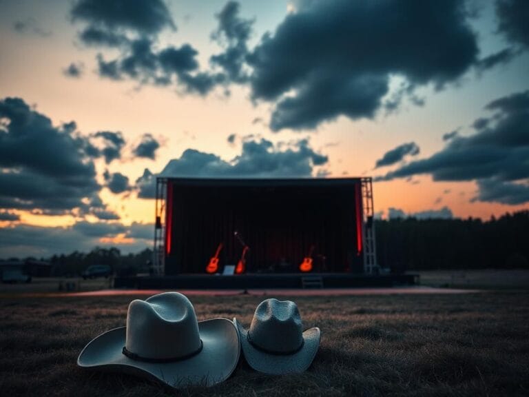 Flick International Empty country music concert stage with a microphone, acoustic guitars, and sheet music under a twilight sky