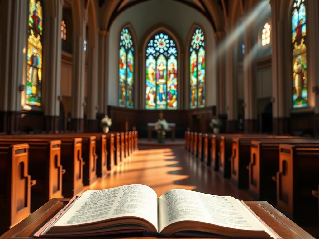 Flick International Interior view of a majestic church with stained glass windows and an open Bible on a lectern