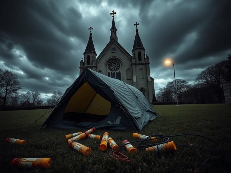 Flick International A dark scene depicting the exterior of the Cathedral of St. Matthew the Apostle with a camping tent and homemade explosives scattered on the ground.