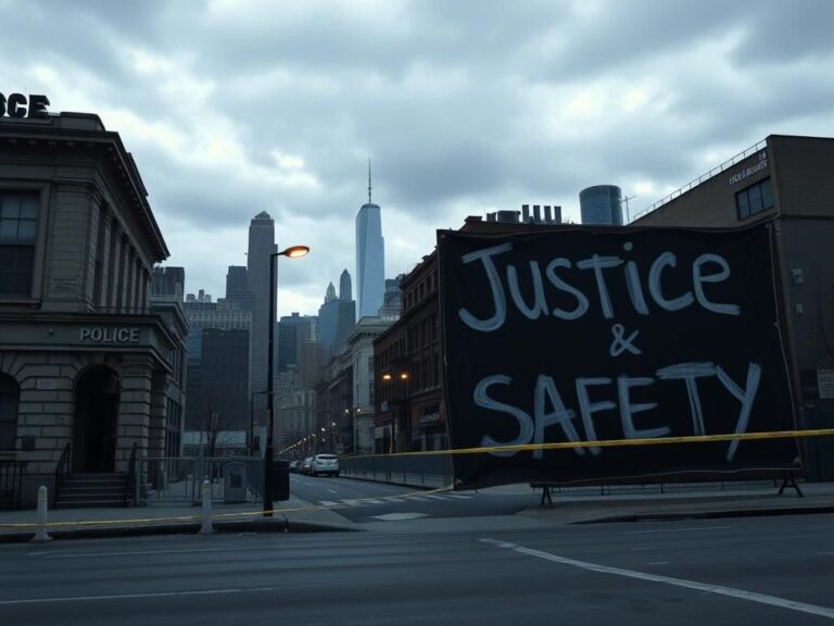 Flick International Somber New York City streetscape depicting a police precinct symbolizing community tensions