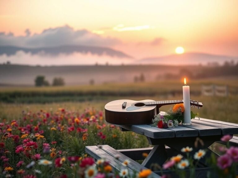 Flick International Tranquil countryside landscape at dawn with vibrant wildflowers and an old wooden guitar