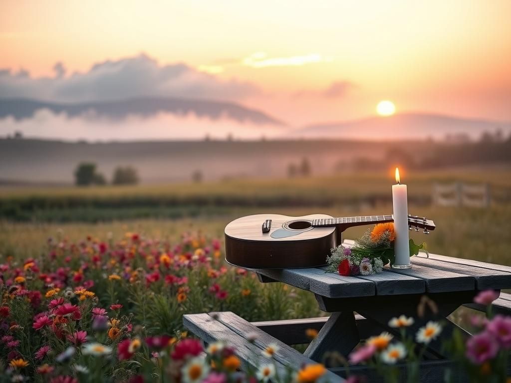 Flick International Tranquil countryside landscape at dawn with vibrant wildflowers and an old wooden guitar