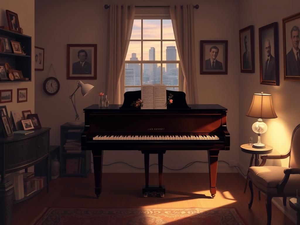 Flick International Elegant grand piano in a cozy room symbolizing Joan Kennedy's connection to the arts