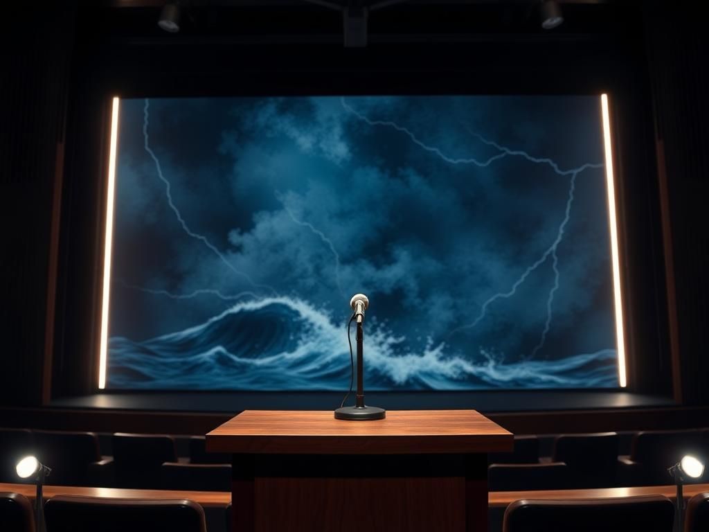 Flick International Dramatic stage set in dimly lit auditorium with abstract turbulent ocean backdrop
