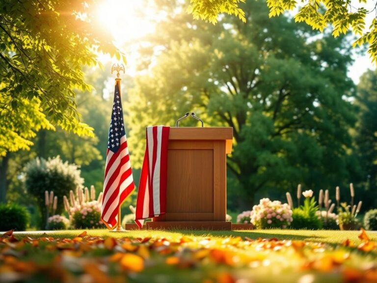 Flick International An empty podium with the American flag symbolizing leadership and resilience in a sunlit outdoor setting