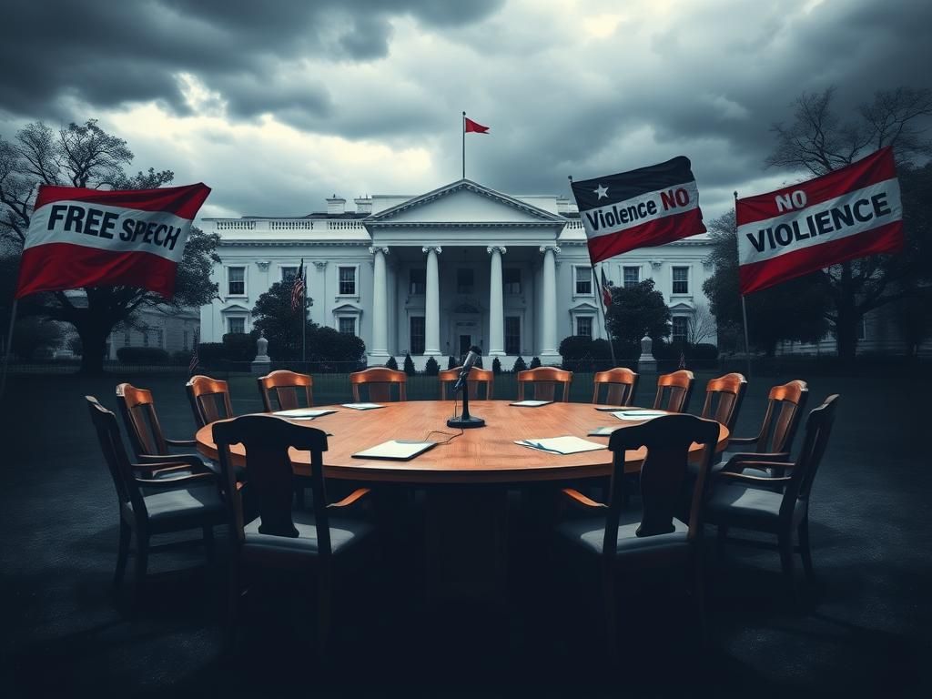 Flick International Dramatic scene outside the White House with an oak table and empty chairs setup for a roundtable discussion on Antifa