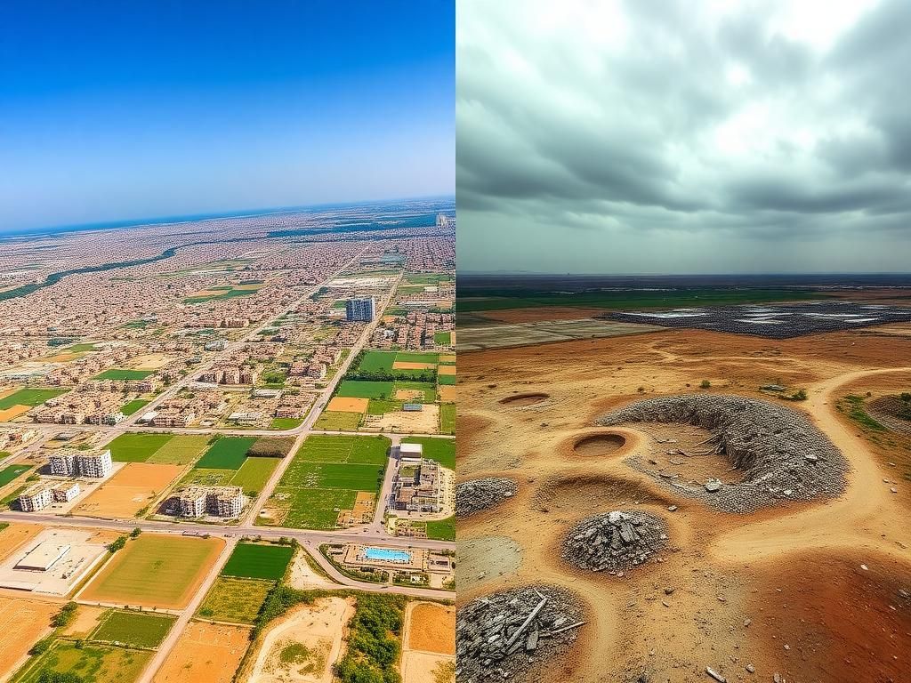 Flick International Aerial view of Gaza Strip showing before and after the devastation from the Israel-Hamas war