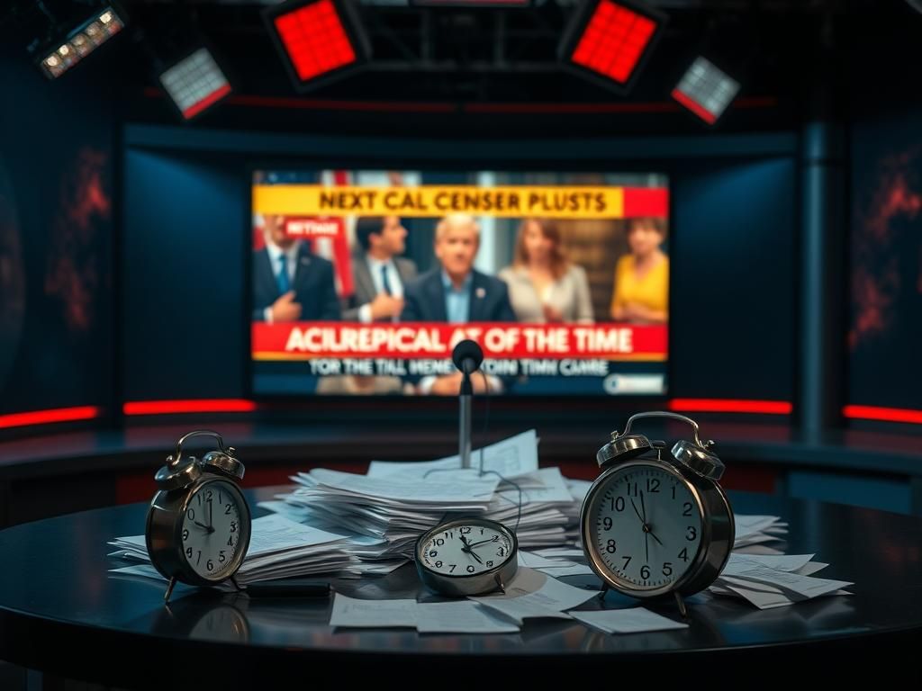 Flick International Dimly lit television studio with an empty news desk, microphone, and scattered papers reflecting chaos