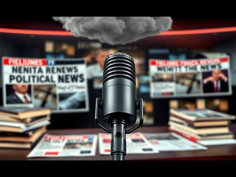 Flick International Close-up view of a microphone on a news anchor's desk surrounded by political clippings