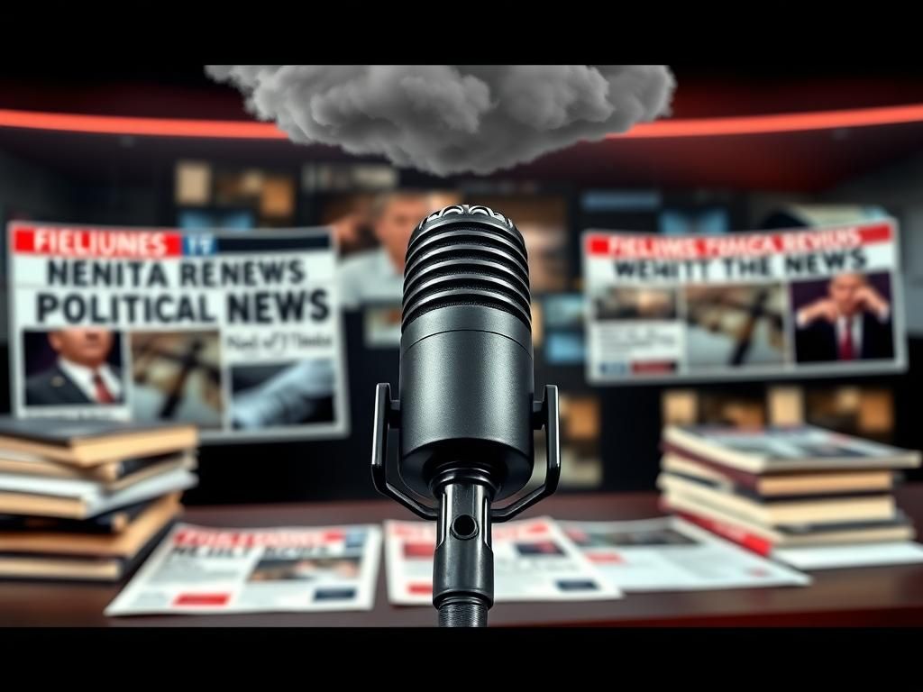 Flick International Close-up view of a microphone on a news anchor's desk surrounded by political clippings