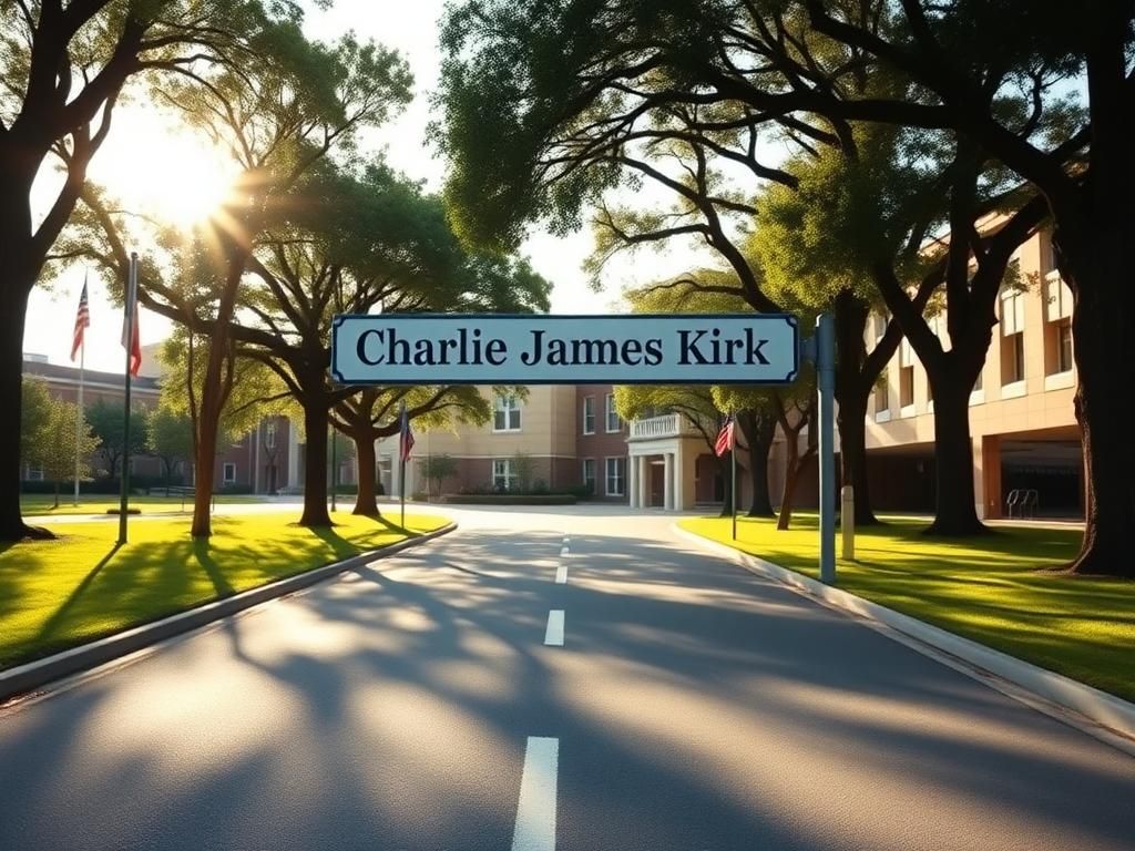 Flick International A serene college campus featuring a tree-lined road and street sign reading 'Charlie James Kirk Drive'.