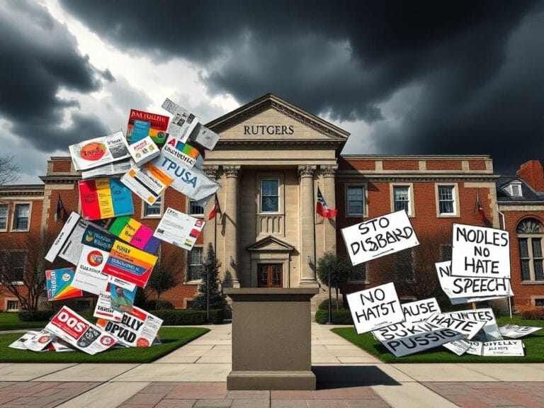 Flick International Fragmented campus scene at Rutgers University with storm clouds and protest signs
