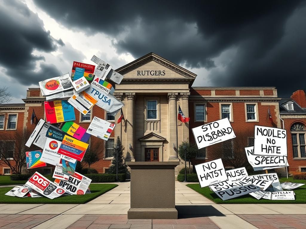Flick International Fragmented campus scene at Rutgers University with storm clouds and protest signs