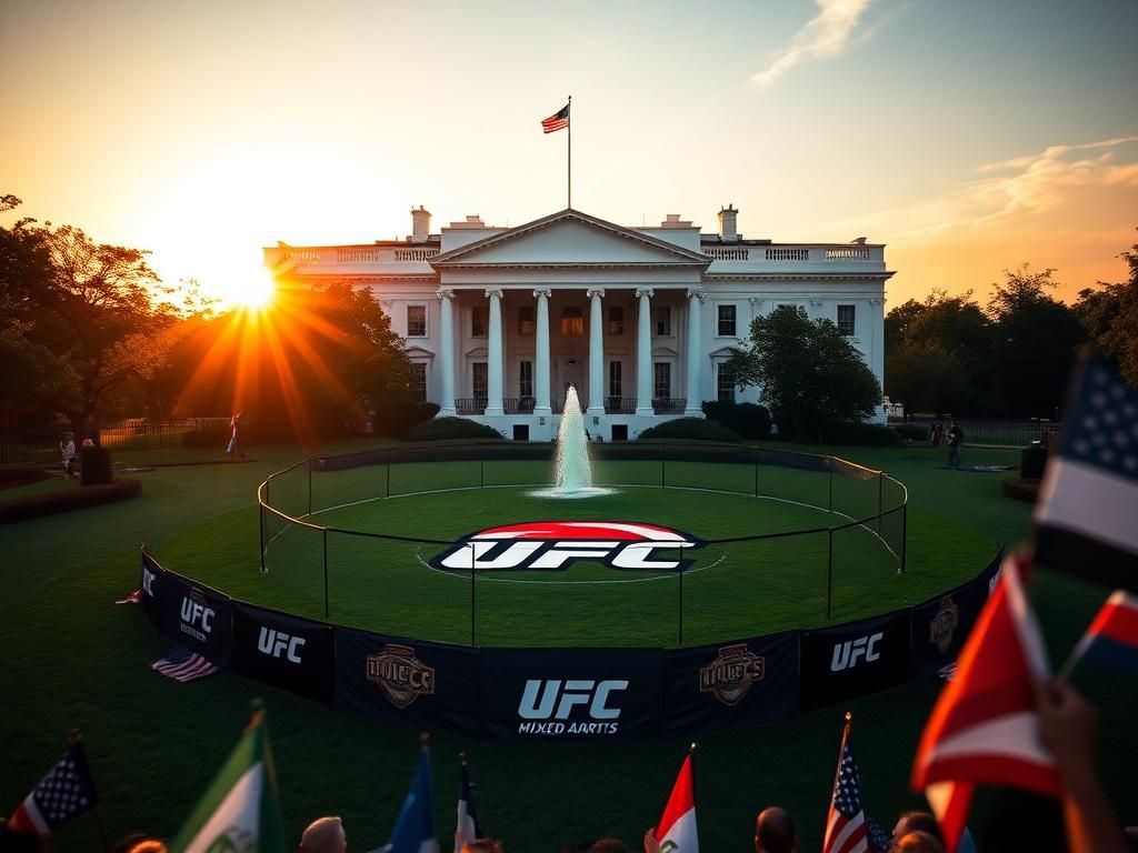 Flick International Dramatic view of the White House with a UFC Octagon setup in the South Lawn