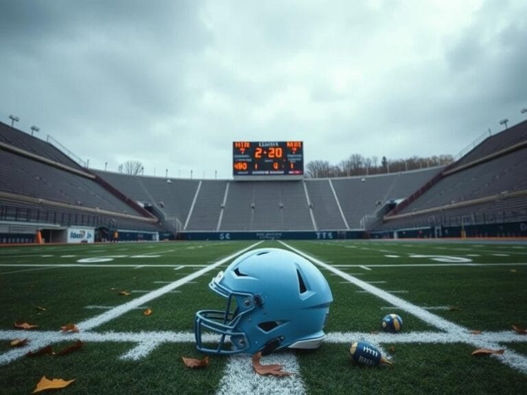Flick International Desolate North Carolina football stadium with empty bleachers and worn-out helmet on the turf.