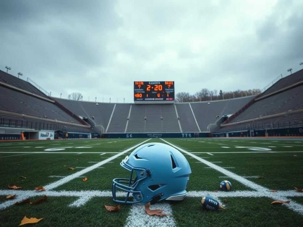 Flick International Desolate North Carolina football stadium with empty bleachers and worn-out helmet on the turf.