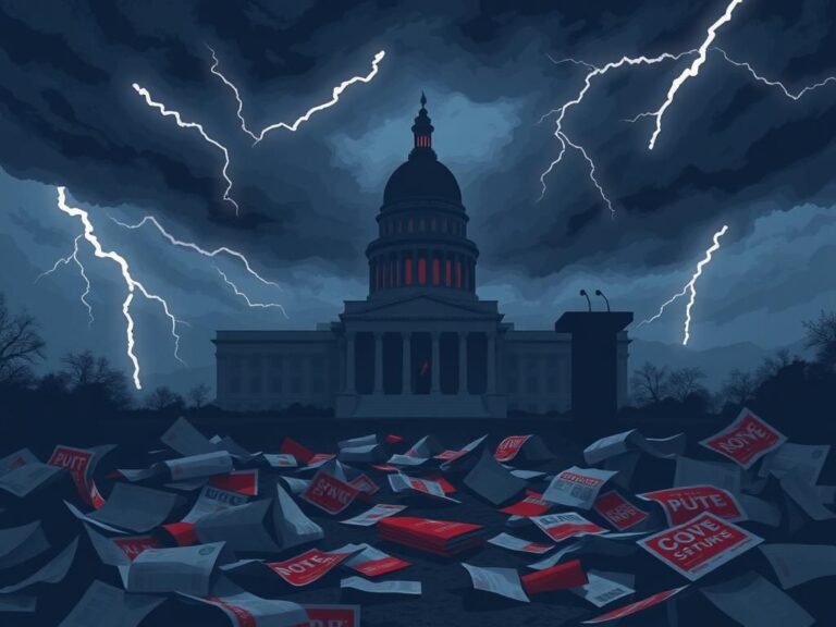 Flick International Ominous illustration of a political-themed scene in Virginia depicting a government building under a stormy sky