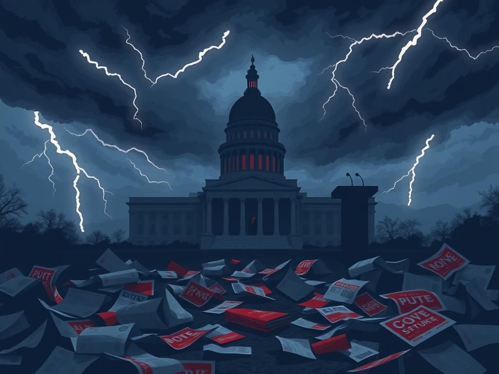 Flick International Ominous illustration of a political-themed scene in Virginia depicting a government building under a stormy sky