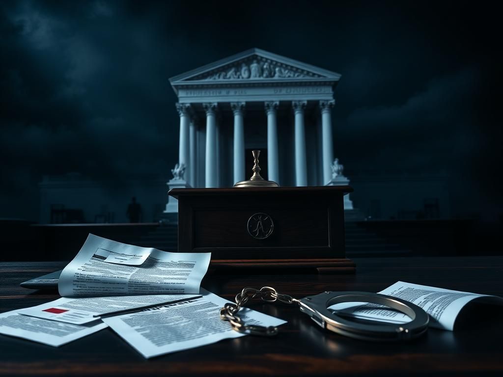 Flick International somber courtroom scene with a wooden judge's bench and symbols of law