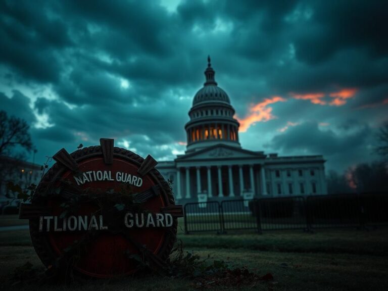 Flick International Ominous scene of the empty Illinois State Capitol at dusk, symbolizing political tension.
