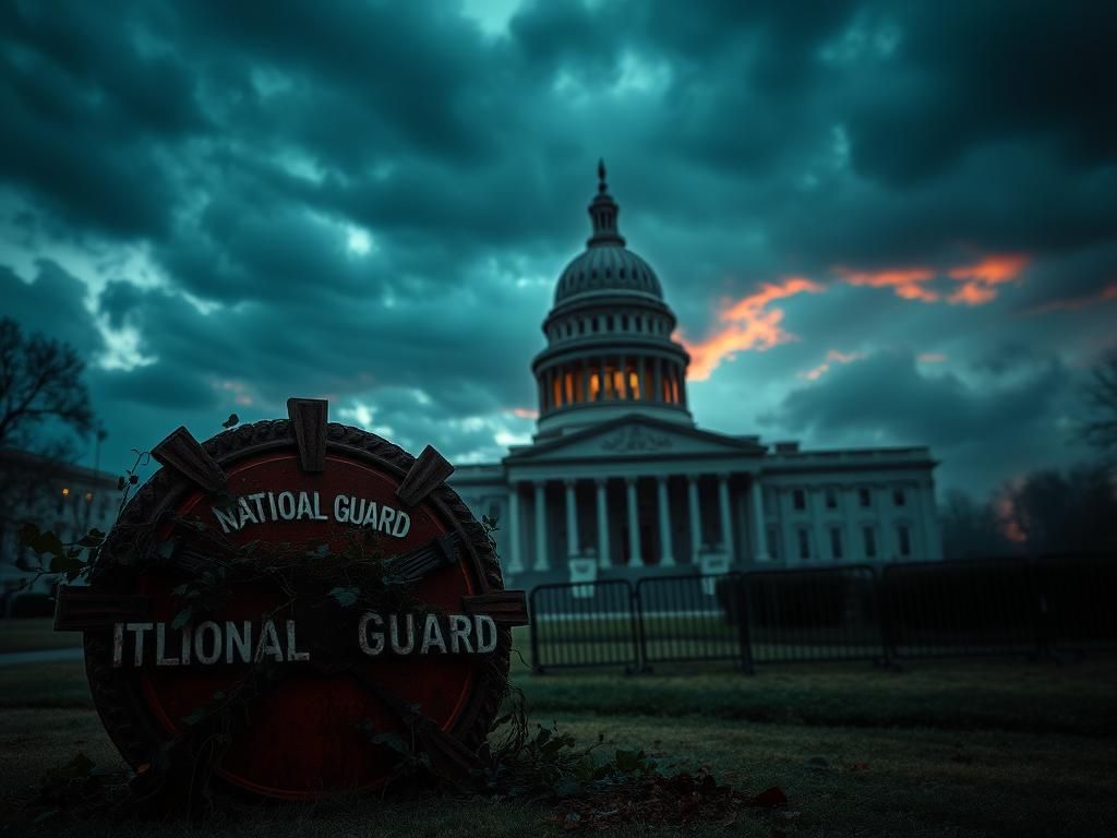 Flick International Ominous scene of the empty Illinois State Capitol at dusk, symbolizing political tension.