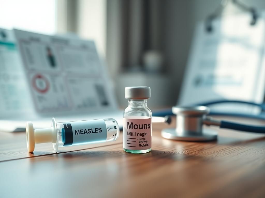 Flick International Close-up of a vaccination syringe and color-coded vials labeled 'Measles', 'Mumps', and 'Rubella'.