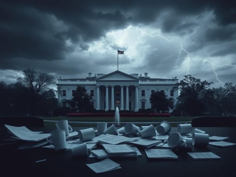 Flick International Exterior view of the White House under dark storm clouds