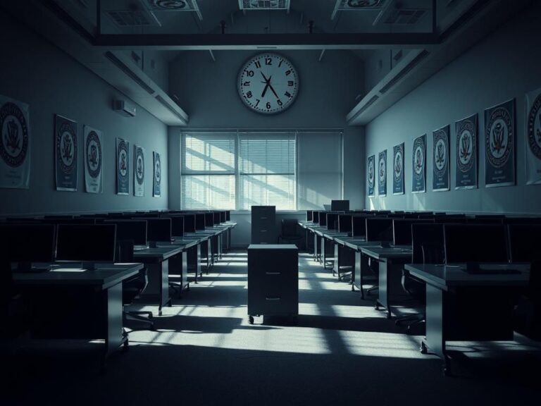 Flick International Empty federal office space with locked desks and closed laptops symbolizing upcoming layoffs