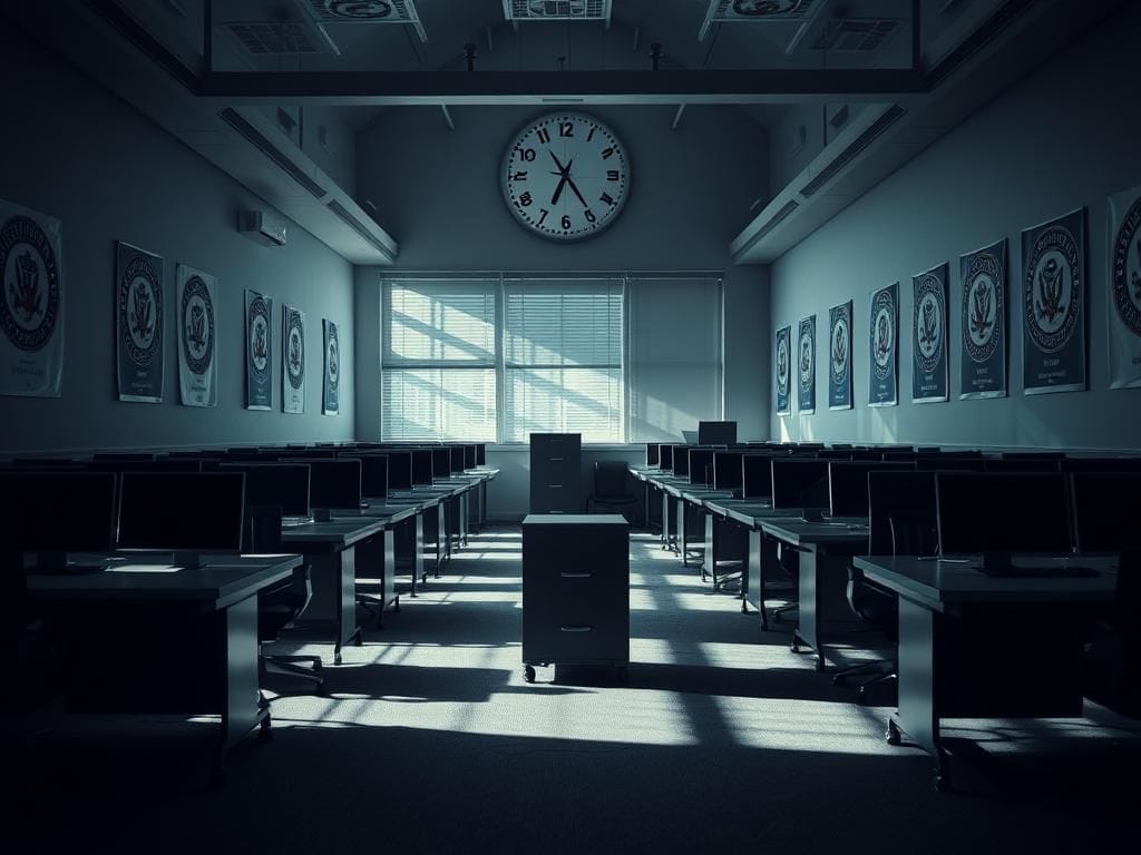 Flick International Empty federal office space with locked desks and closed laptops symbolizing upcoming layoffs