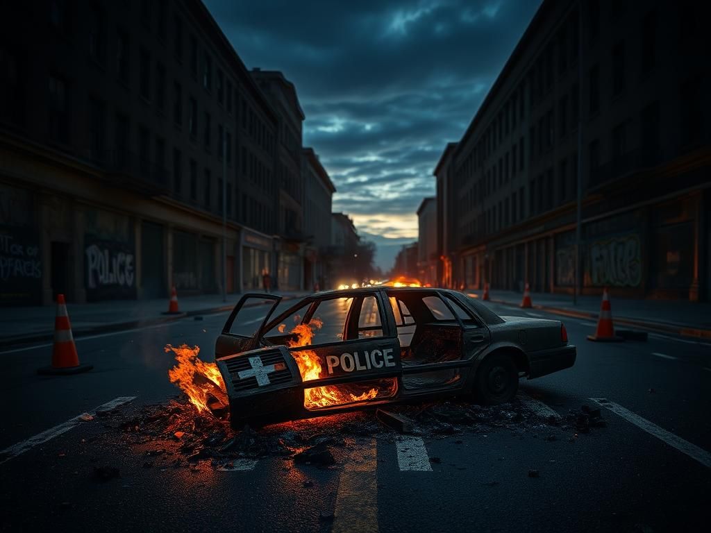 Flick International Remnants of a burnt police cruiser on a dimly lit urban street at dawn