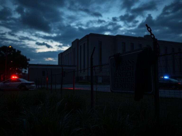 Flick International Exterior view of the Orleans Parish Justice Center at dusk with overgrown grass and a faded sign
