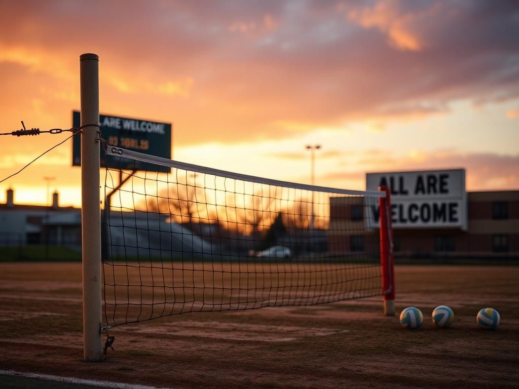 Flick International Dramatic sunset view of a girls' volleyball net on an empty sports field, symbolizing the controversy surrounding transgender athletes in girls' sports.