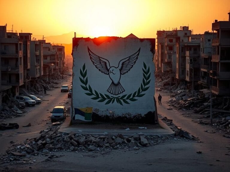Flick International A desolate urban landscape in Gaza with crumbling buildings and a peace dove mural symbolizing hope.