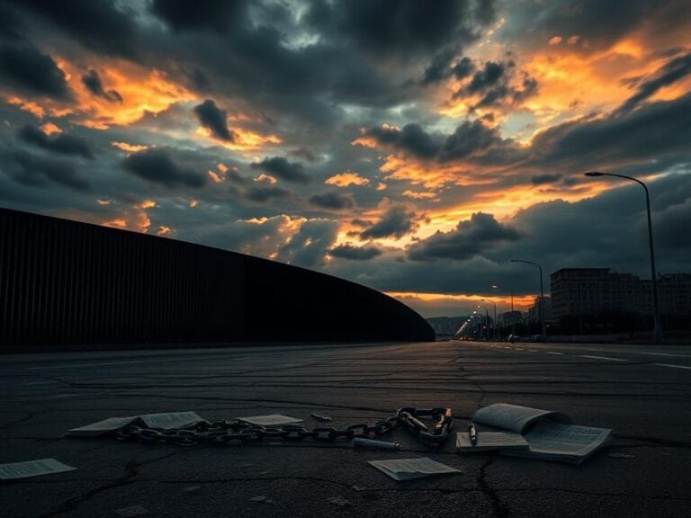 Flick International Silhouette of a large border wall casting a shadow over a cityscape, symbolizing tension and conflict