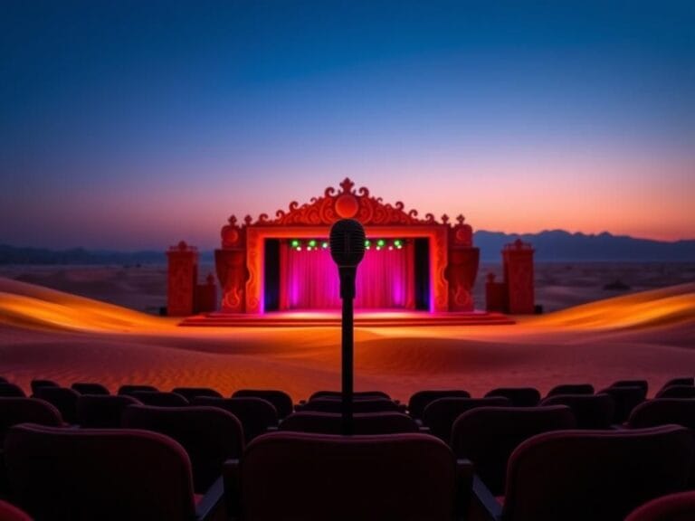 Flick International A dramatic desert landscape featuring a grand stage for a comedy festival in Saudi Arabia.