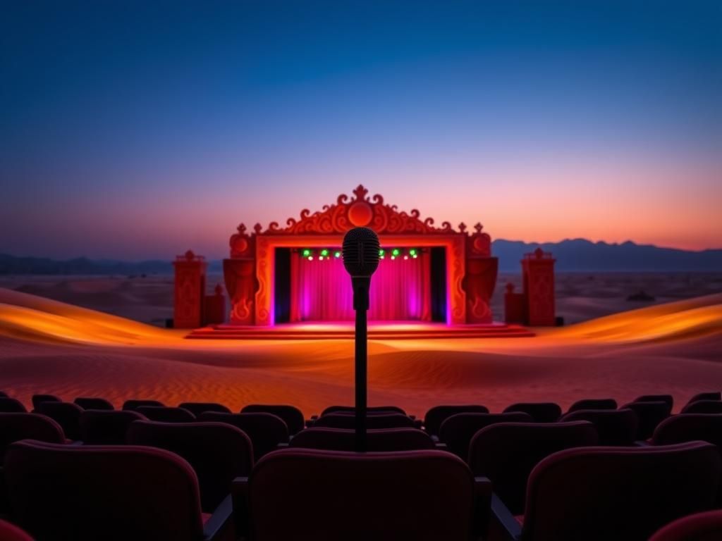 Flick International A dramatic desert landscape featuring a grand stage for a comedy festival in Saudi Arabia.