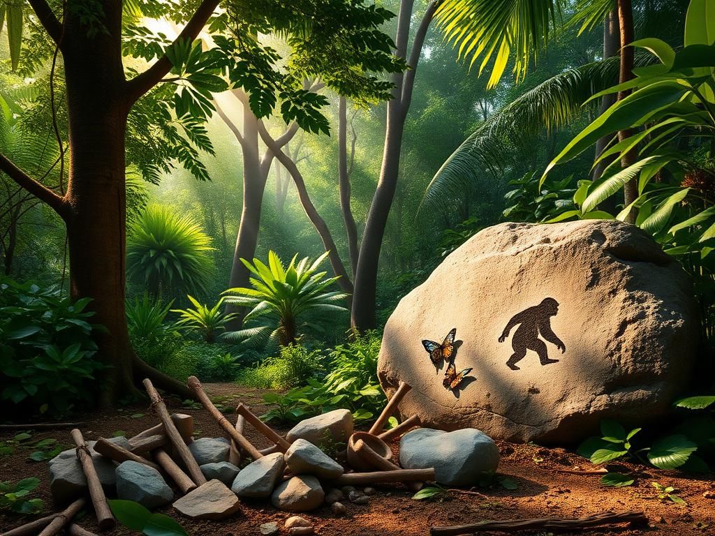 Flick International Serene jungle scene with tools used by chimpanzees, symbolizing innovation