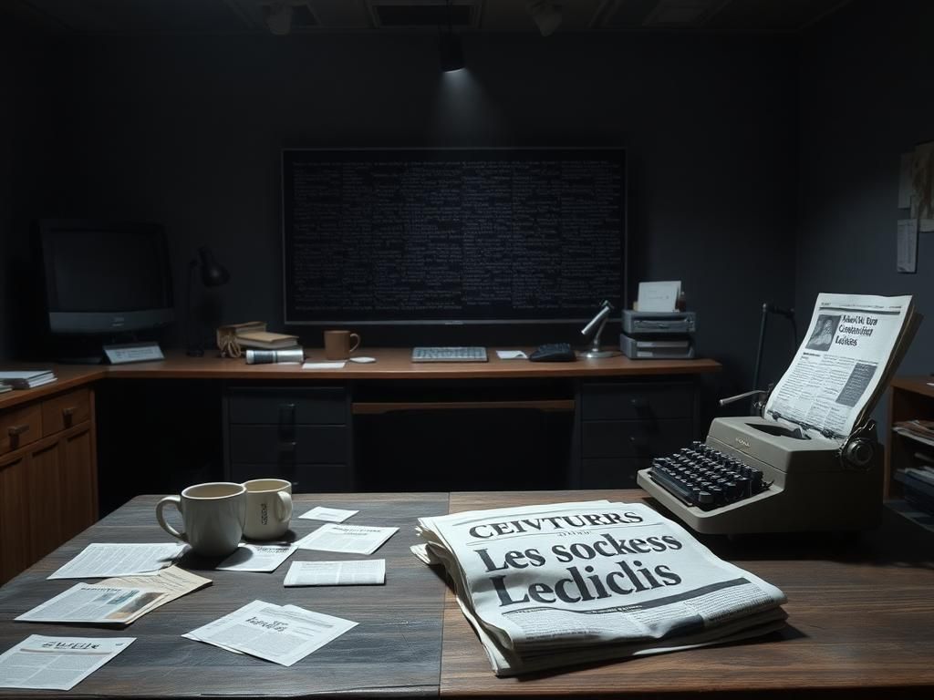 Flick International A dimly lit newsroom with cluttered desk symbolizing media struggles