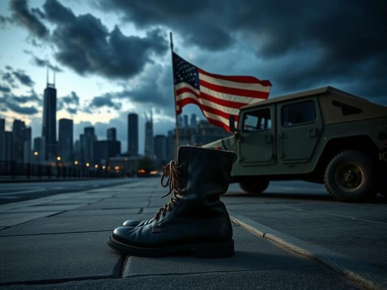 Flick International Empty urban landscape at dusk with Army boots and American flag