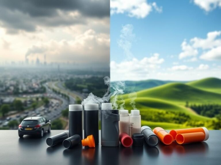 Flick International Conceptual image showing a split landscape with urban pollution from cars and a serene nature scene depicting clean air.