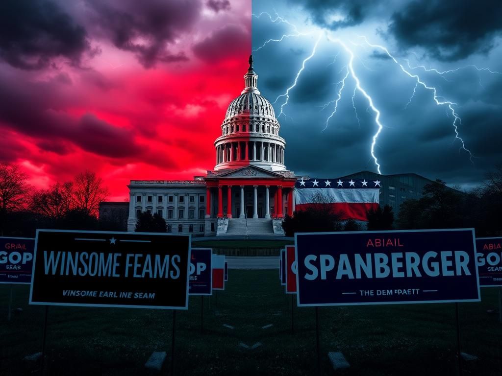 Flick International Split image of Virginia's Capitol with GOP and Democratic colors, showcasing political tension